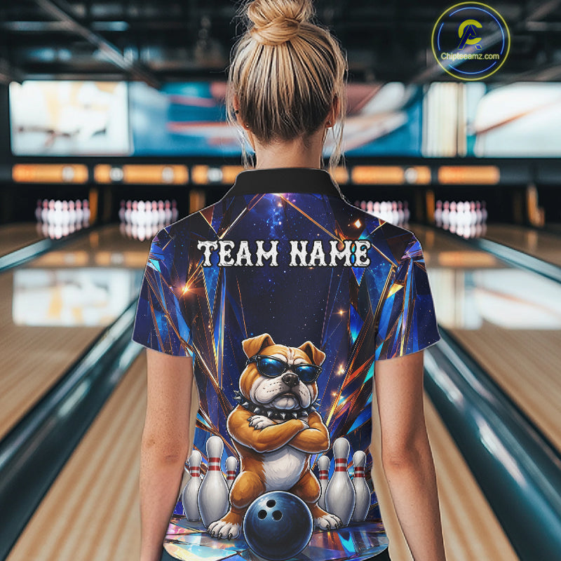 Woman wearing personalized funny crystal bulldog bowling team jersey quarter zip shirt featuring crystal bulldog artwork, front view.