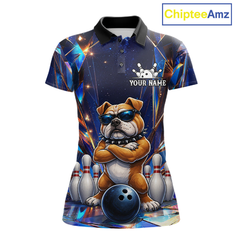 Personalized funny crystal bulldog bowling team jersey polo shirt for women featuring a colorful crystal bulldog design, premium custom bowling league apparel for tournaments and competitive bowling teams.