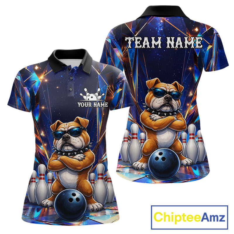 Personalized funny crystal bulldog bowling team jersey polo shirt for women featuring a colorful crystal bulldog design, premium custom bowling league apparel for tournaments and competitive bowling teams.