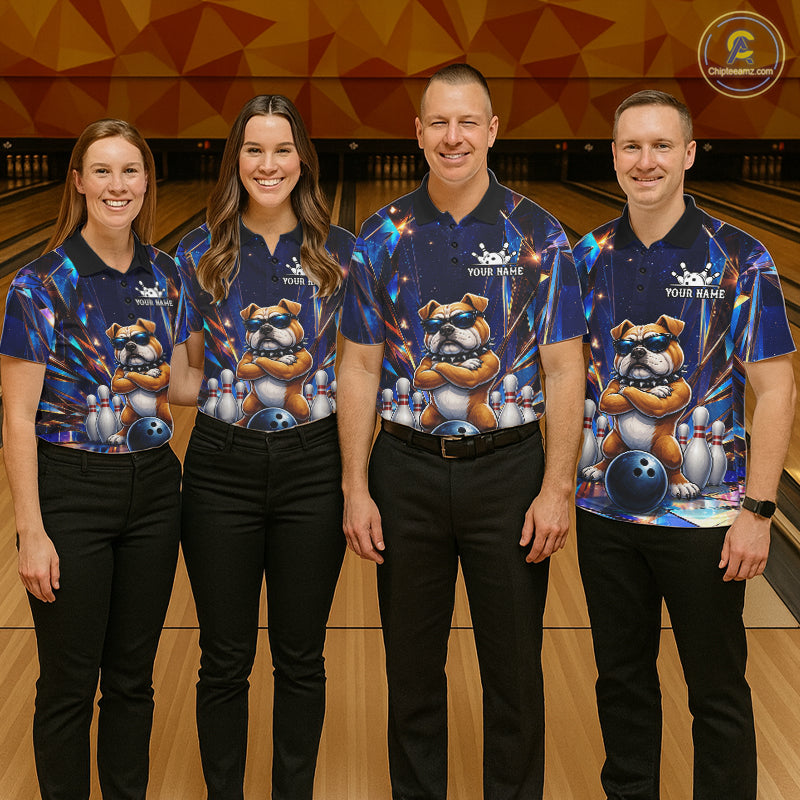 Bowling team wearing matching personalized funny crystal bulldog bowling team jerseys featuring premium crystal bulldog graphics, front view.