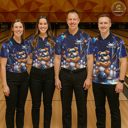 Bowling team wearing matching personalized funny crystal bulldog bowling team jerseys featuring premium crystal bulldog graphics, front view.