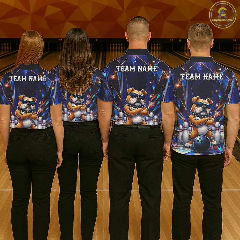 Bowling team wearing matching personalized funny crystal bulldog bowling team jerseys featuring premium crystal bulldog graphics, back view.