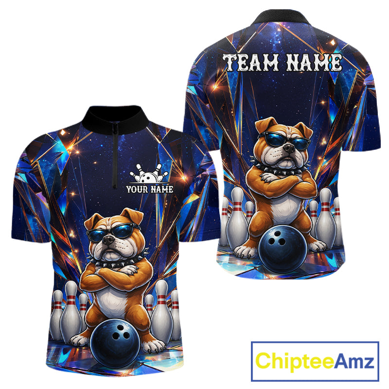 Personalized funny crystal bulldog bowling team jersey quarter zip shirt for men featuring detailed crystal bulldog artwork, premium custom bowling league apparel.