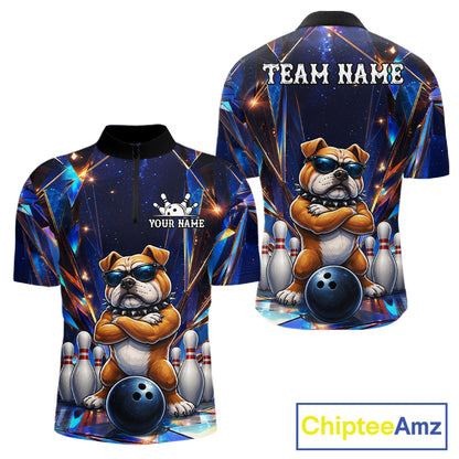 Personalized funny crystal bulldog bowling team jersey quarter zip shirt for men featuring detailed crystal bulldog artwork, premium custom bowling league apparel.