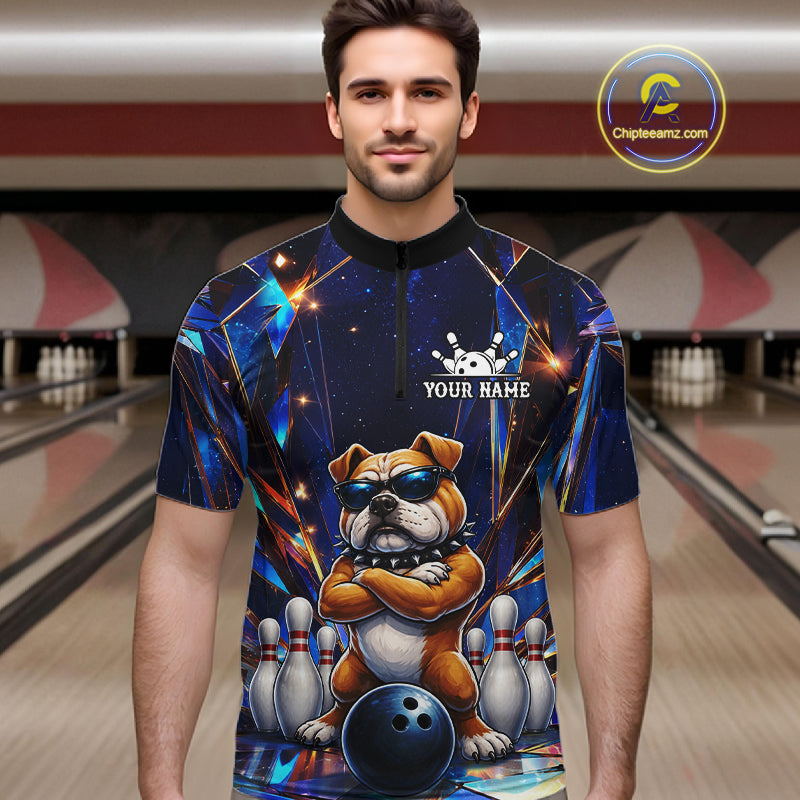 Man wearing personalized funny crystal bulldog bowling team jersey quarter zip shirt featuring crystal bulldog artwork, front view.