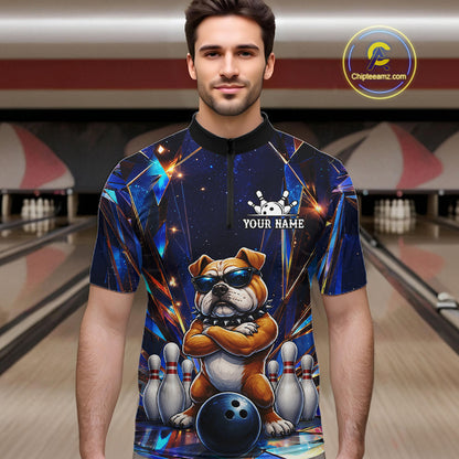 Man wearing personalized funny crystal bulldog bowling team jersey quarter zip shirt featuring crystal bulldog artwork, front view.
