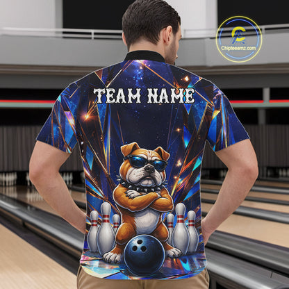 Man wearing personalized funny crystal bulldog bowling team jersey quarter zip shirt featuring crystal bulldog artwork, back view.