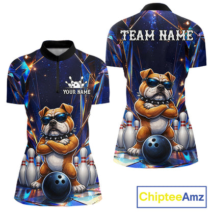 Personalized funny crystal bulldog bowling team jersey quarter zip shirt for women featuring detailed crystal bulldog artwork, premium custom bowling league apparel.