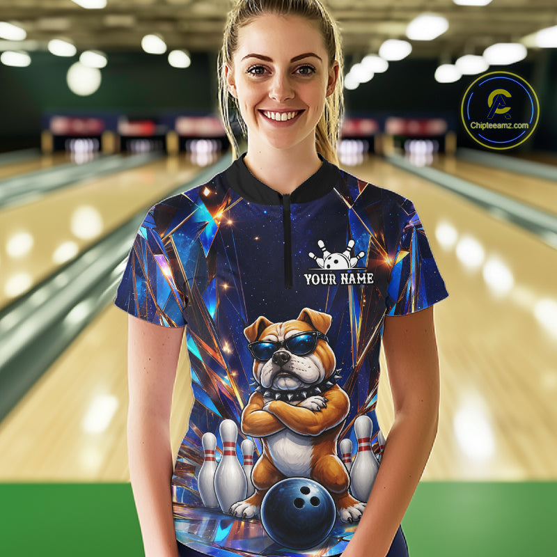Woman wearing personalized funny crystal bulldog bowling team jersey polo shirt featuring crystal bulldog artwork, back view.