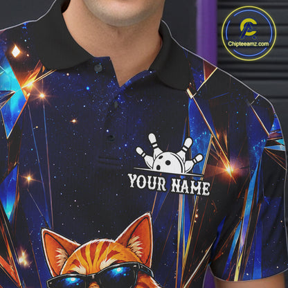 Close-up of the personalized funny crystal cat bowling team jersey polo shirt showing the collar, buttons, premium performance fabric and detailed crystal cat graphics.