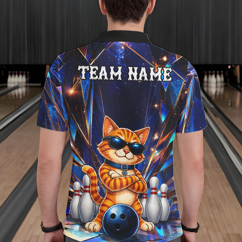 Man wearing personalized funny crystal cat bowling team jersey polo shirt featuring crystal cat artwork, back view.