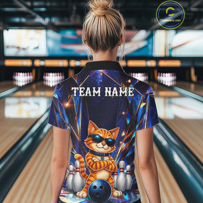 Woman wearing personalized funny crystal cat bowling team jersey quarter zip shirt featuring crystal cat artwork, front view.