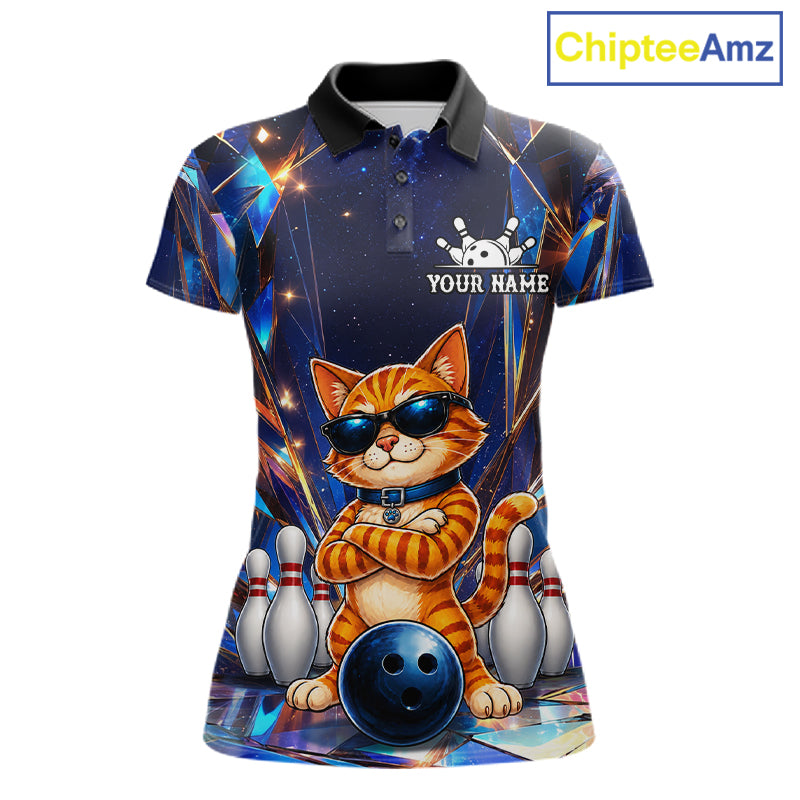 Personalized funny crystal cat bowling team jersey polo shirt for women featuring sparkling crystal cat artwork, premium custom bowling league apparel and unique bowling gifts for tournaments and league play.