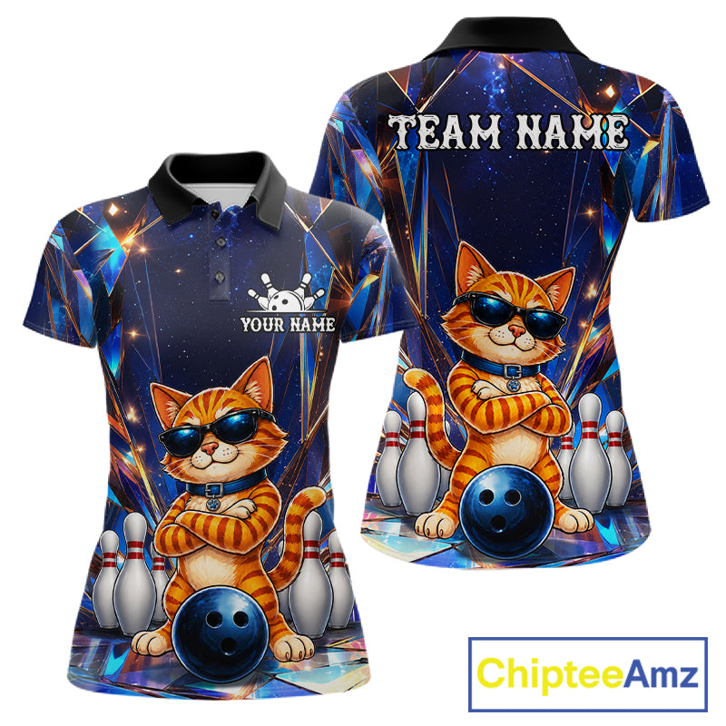 Personalized funny crystal cat bowling team jersey polo shirt for women featuring sparkling crystal cat artwork, premium custom bowling league apparel and unique bowling gifts for tournaments and league play.