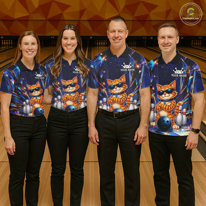 Bowling team wearing matching personalized funny crystal cat bowling team jerseys featuring premium crystal cat graphics, front view.