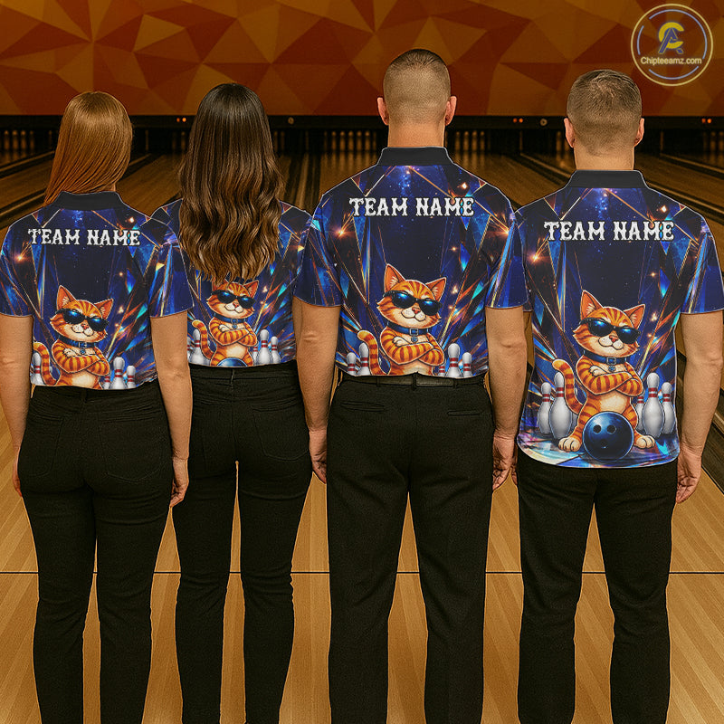 Bowling team wearing matching personalized funny crystal cat bowling team jerseys featuring premium crystal cat graphics, back view.