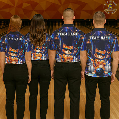 Bowling team wearing matching personalized funny crystal cat bowling team jerseys featuring premium crystal cat graphics, back view.