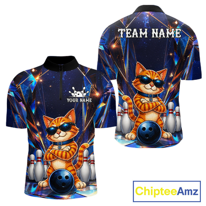 Personalized funny crystal cat bowling team jersey quarter zip shirt for men featuring colorful crystal cat graphics, premium custom bowling league apparel.