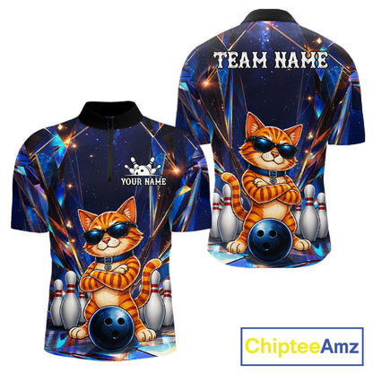 Personalized funny crystal cat bowling team jersey quarter zip shirt for men featuring colorful crystal cat graphics, premium custom bowling league apparel.