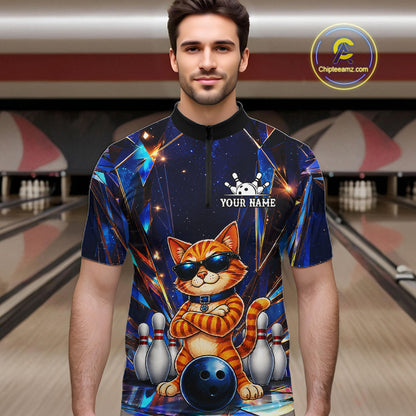 Man wearing personalized funny crystal cat bowling team jersey quarter zip shirt featuring crystal cat artwork, front view.