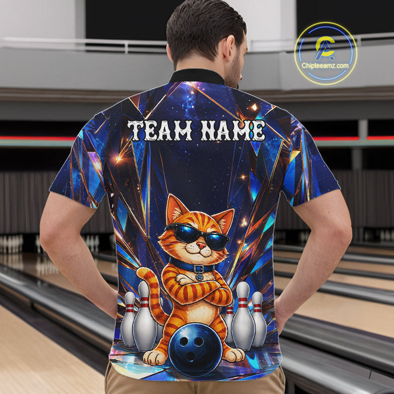 Man wearing personalized funny crystal cat bowling team jersey quarter zip shirt featuring crystal cat artwork, back view.