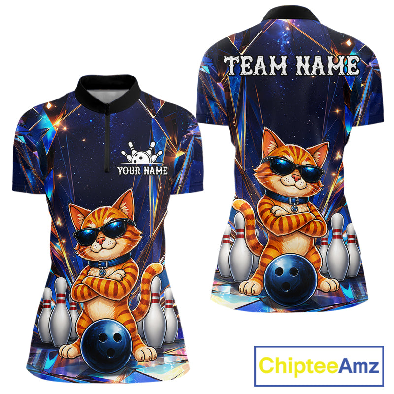 Personalized funny crystal cat bowling team jersey quarter zip shirt for women featuring colorful crystal cat graphics, premium custom bowling league apparel.