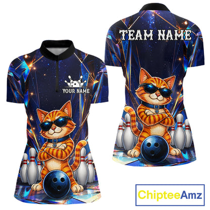 Personalized funny crystal cat bowling team jersey quarter zip shirt for women featuring colorful crystal cat graphics, premium custom bowling league apparel.