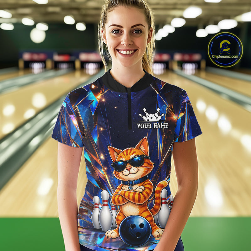 Woman wearing personalized funny crystal cat bowling team jersey polo shirt featuring crystal cat artwork, back view.