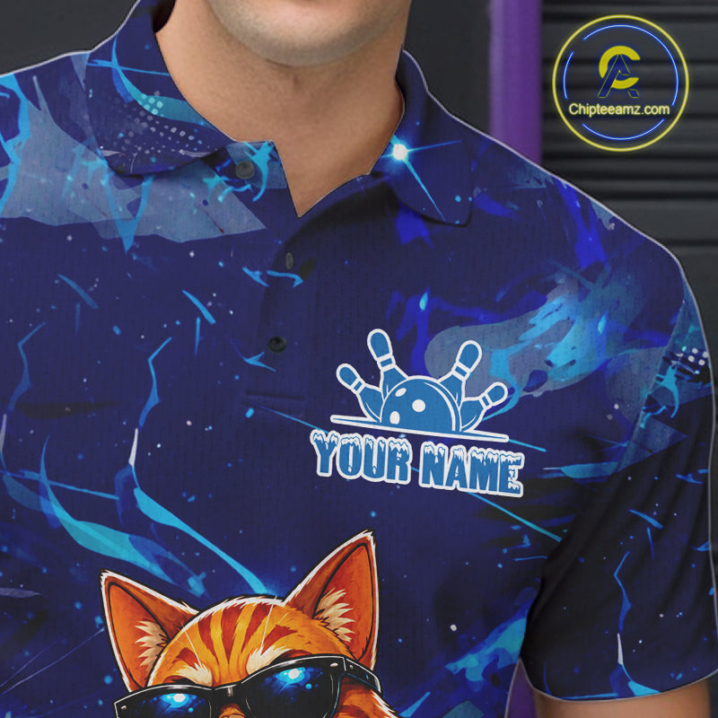Close-up of the personalized blue funny cat bowling team jersey polo shirt showing the collar, buttons, premium performance fabric and detailed blue cat graphics.