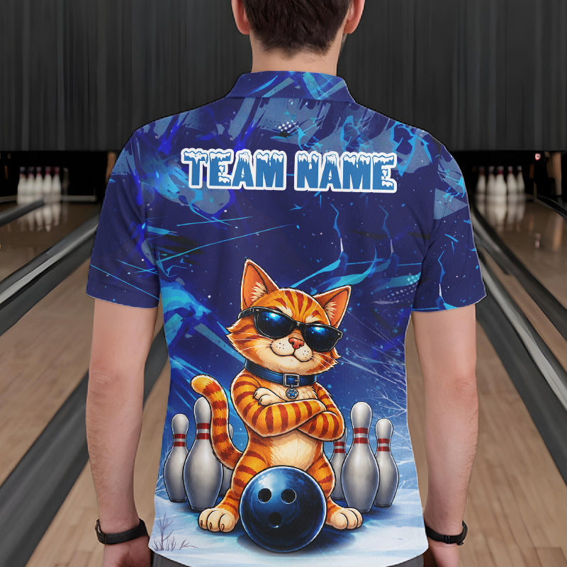 Man wearing personalized blue funny cat bowling team jersey polo shirt featuring blue funny cat artwork, back view.