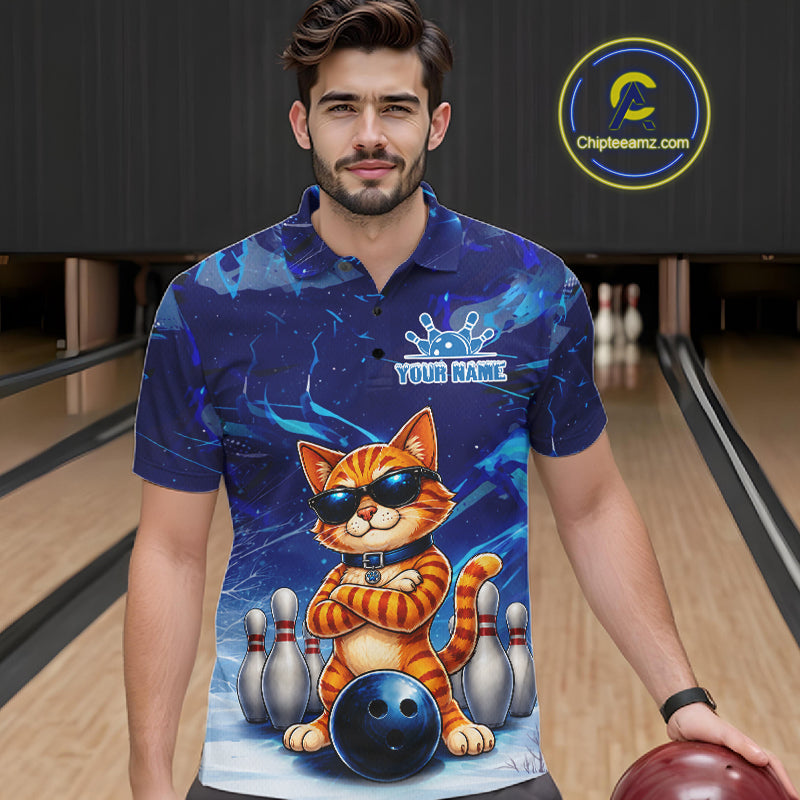 Man wearing personalized blue funny cat bowling team jersey polo shirt featuring blue funny cat artwork, front view.