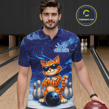 Man wearing personalized blue funny cat bowling team jersey polo shirt featuring blue funny cat artwork, front view.