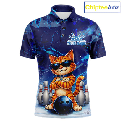 Personalized blue funny cat bowling team jersey polo shirt for men featuring a playful blue cat design, premium custom bowling league apparel and unique bowling gifts for tournaments and league play.