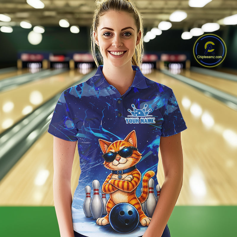 Woman wearing personalized blue funny cat bowling team jersey polo shirt featuring blue funny cat artwork, front view.