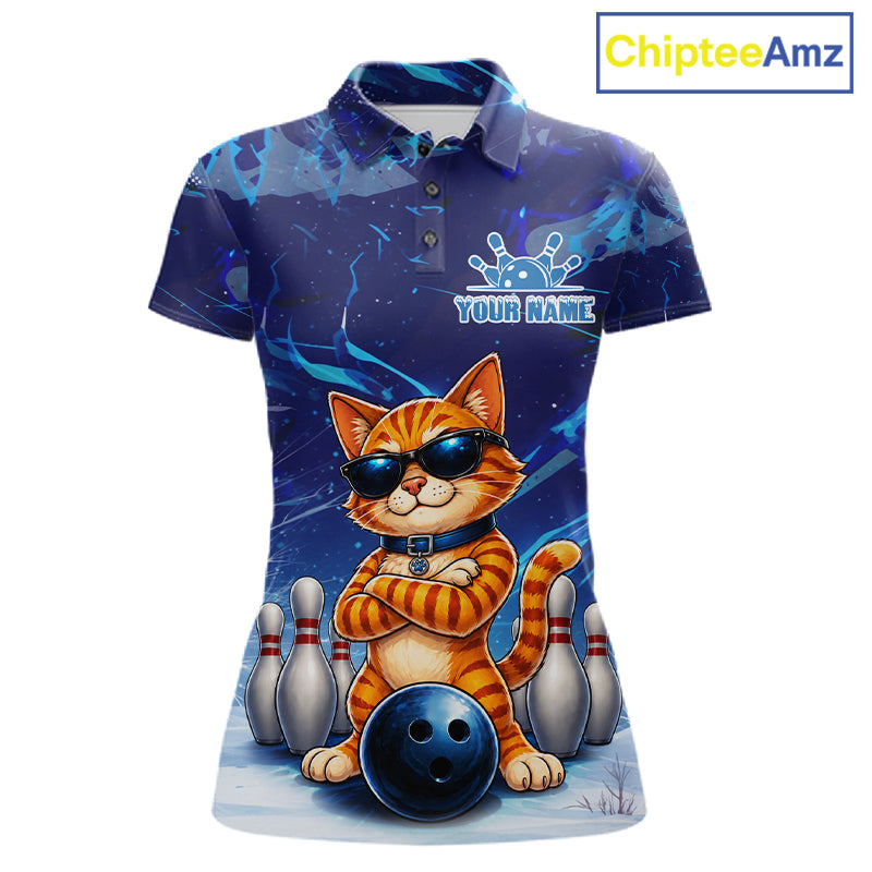 Personalized blue funny cat bowling team jersey polo shirt for women featuring a playful blue cat design, premium custom bowling league apparel and unique bowling gifts for tournaments and league play.