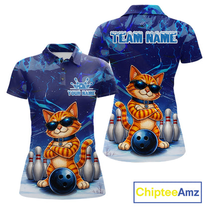 Personalized blue funny cat bowling team jersey polo shirt for women featuring a playful blue cat design, premium custom bowling league apparel and unique bowling gifts for tournaments and league play.