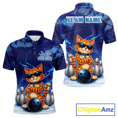 Personalized blue funny cat bowling team jersey polo shirt for men featuring a playful blue cat design, premium custom bowling league apparel and unique bowling gifts for tournaments and league play.