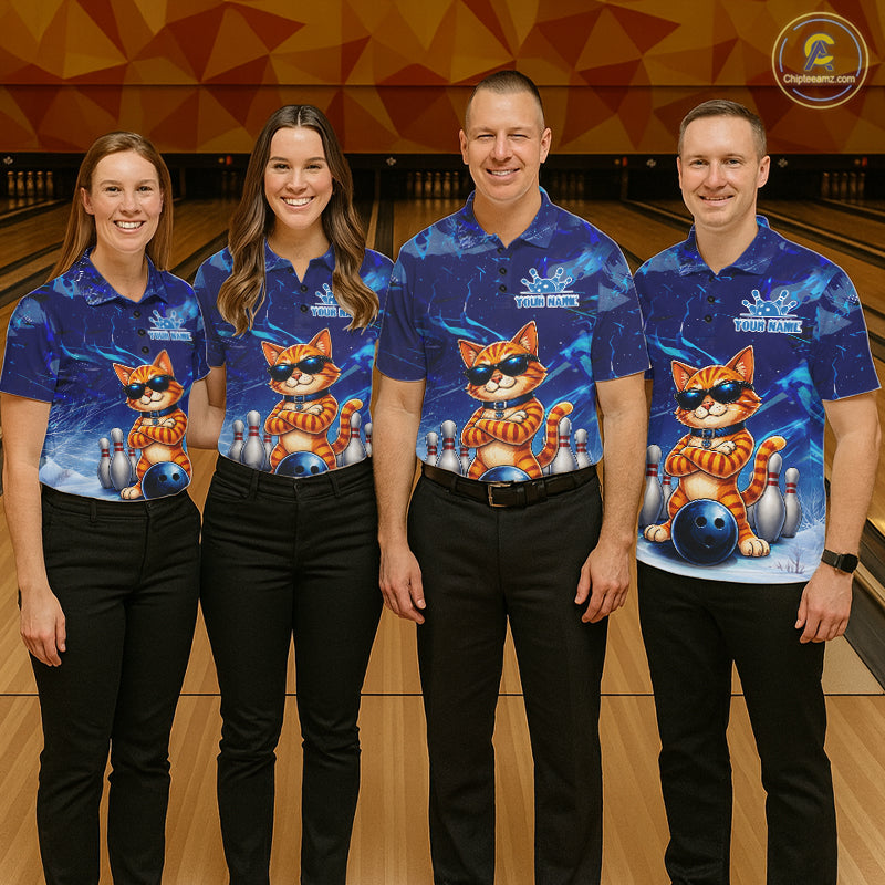 Bowling team wearing matching personalized blue funny cat bowling team jerseys featuring vibrant blue cat graphics, front view.