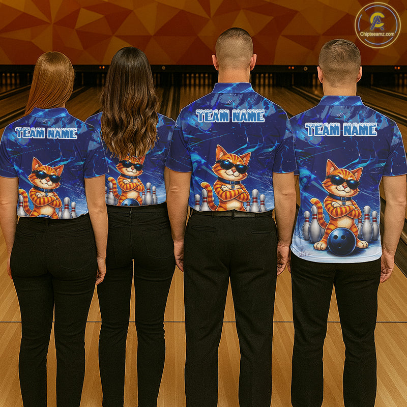 Bowling team wearing matching personalized blue funny cat bowling team jerseys featuring vibrant blue cat graphics, back view.