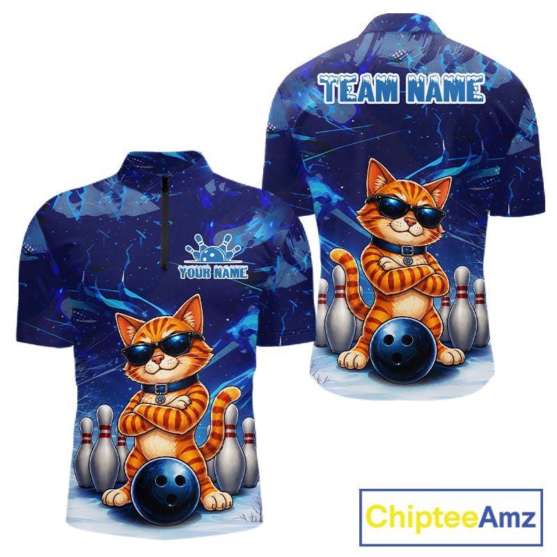 Personalized blue funny cat bowling team jersey quarter zip shirt for men featuring vibrant blue cat artwork, premium custom bowling league apparel for competitive bowling teams.
