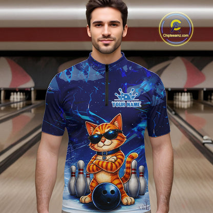 Man wearing personalized blue funny cat bowling team jersey quarter zip shirt featuring blue funny cat artwork, front view.