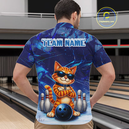 Man wearing personalized blue funny cat bowling team jersey quarter zip shirt featuring blue funny cat artwork, back view.