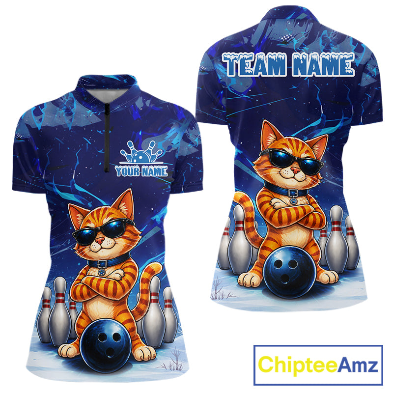 Personalized blue funny cat bowling team jersey quarter zip shirt for women featuring vibrant blue cat artwork, premium custom bowling league apparel for competitive bowling teams.