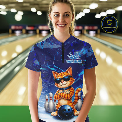 Woman wearing personalized blue funny cat bowling team jersey polo shirt featuring blue funny cat artwork, back view.