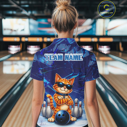 Woman wearing personalized blue funny cat bowling team jersey quarter zip shirt featuring blue funny cat artwork, front view.