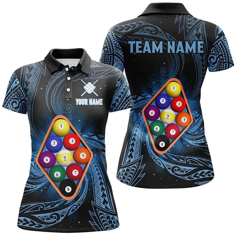 Personalized Blue Tribal Pattern 9 Ball Billiard Shirts For Women, 9 Ball Pool Billiard Jerseys TDM2234