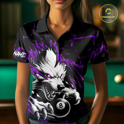Personalized Thunder Lightning Wolf Billiard Shirts For Women Custom Billiard Team Jerseys |Purple TDM5467