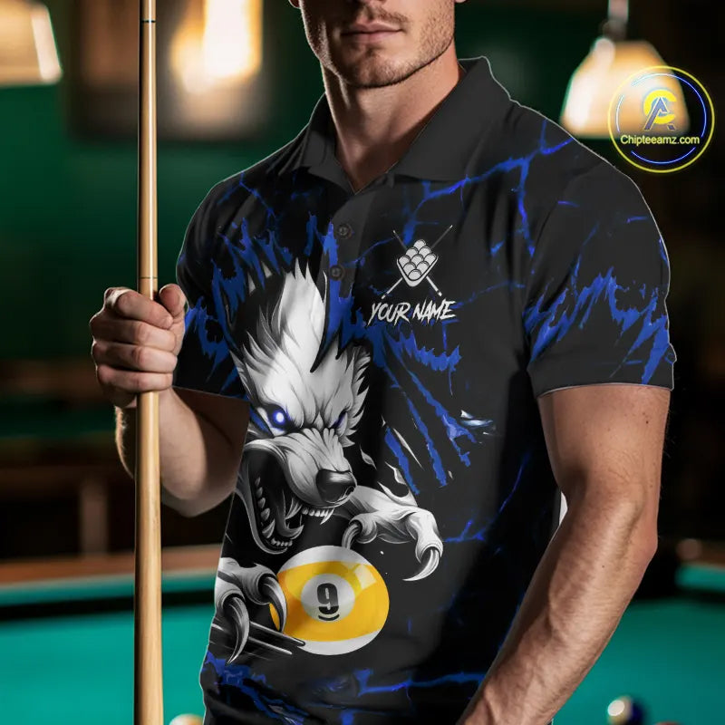 Personalized 9 Ball Pool Wolf Billiard Shirts For Men, Billiard Team Jersey Polo & 1/4 Zip |Blue TDM5468