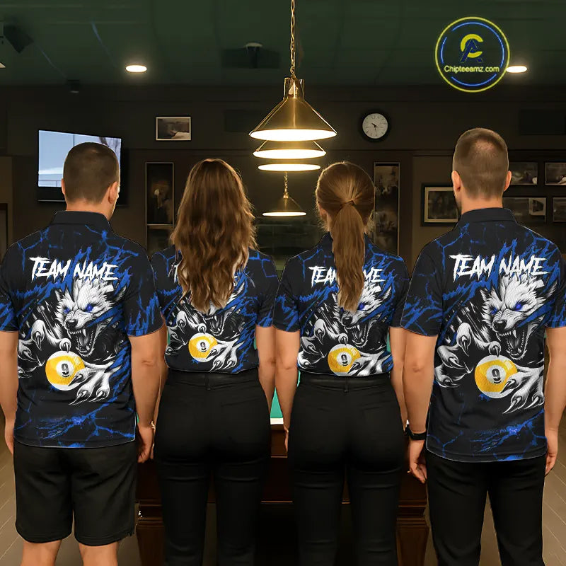 Personalized 9 Ball Pool Wolf Billiard Shirts For Women, Billiard Team Jersey Polo & 1/4 Zip |Blue TDM5468