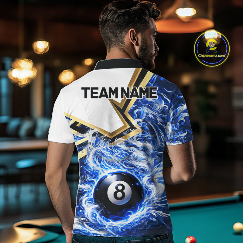 Blue 8 Ball Flame Smoke Golden Billiard Shirt For Men Custom Pool Team Jersey Polo & 1/4 Zip TDM5735
